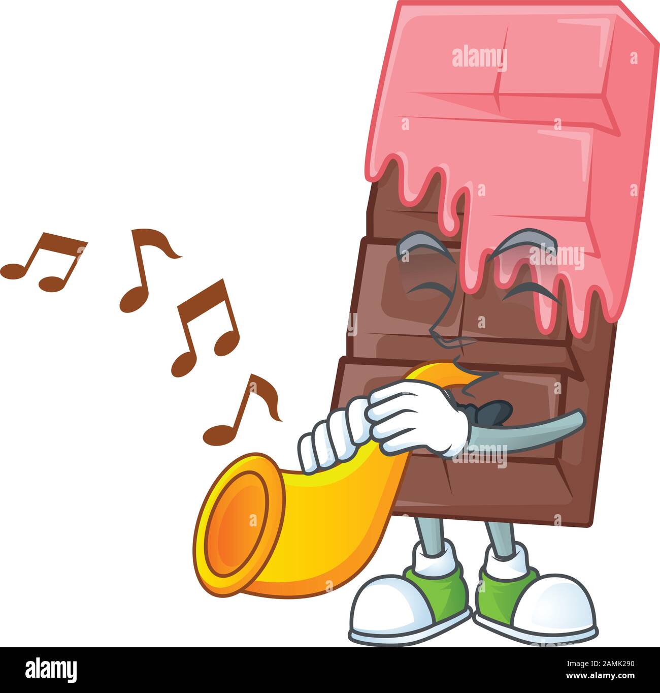 cartoon character style of chocolate bar with pink cream performance with trumpet Stock Vector