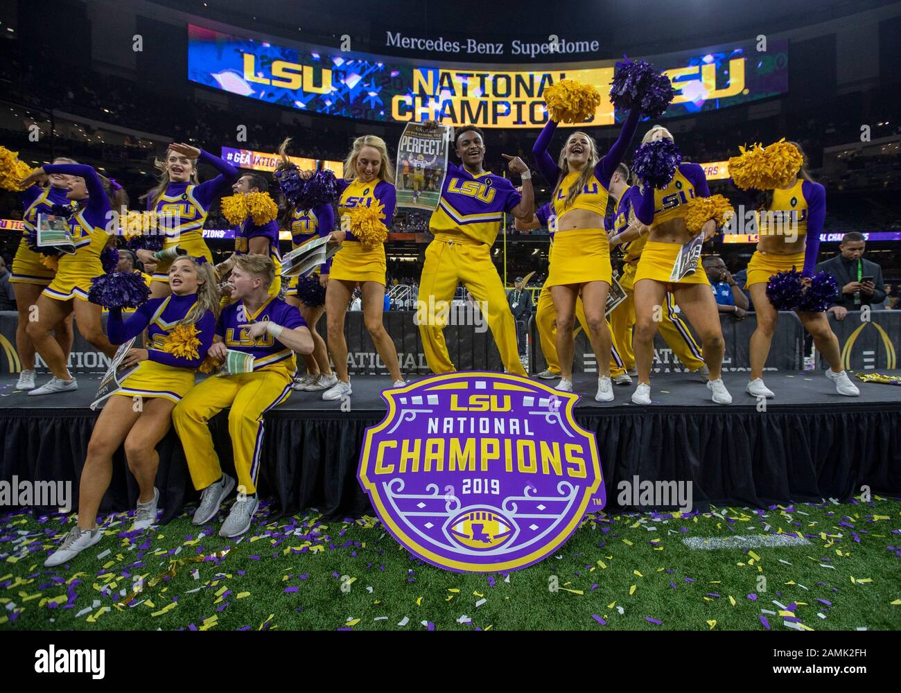 New Orleans, Louisiana, USA. 14th Jan, 2020. LSU cheerleaders dance and