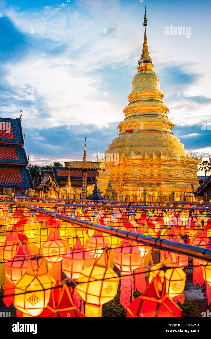Beautiful colourful lanterns in Yee Peng Lantern Festival at Wat Phra That Hariphunchai in Lamphun, Thailand. Stock Photo