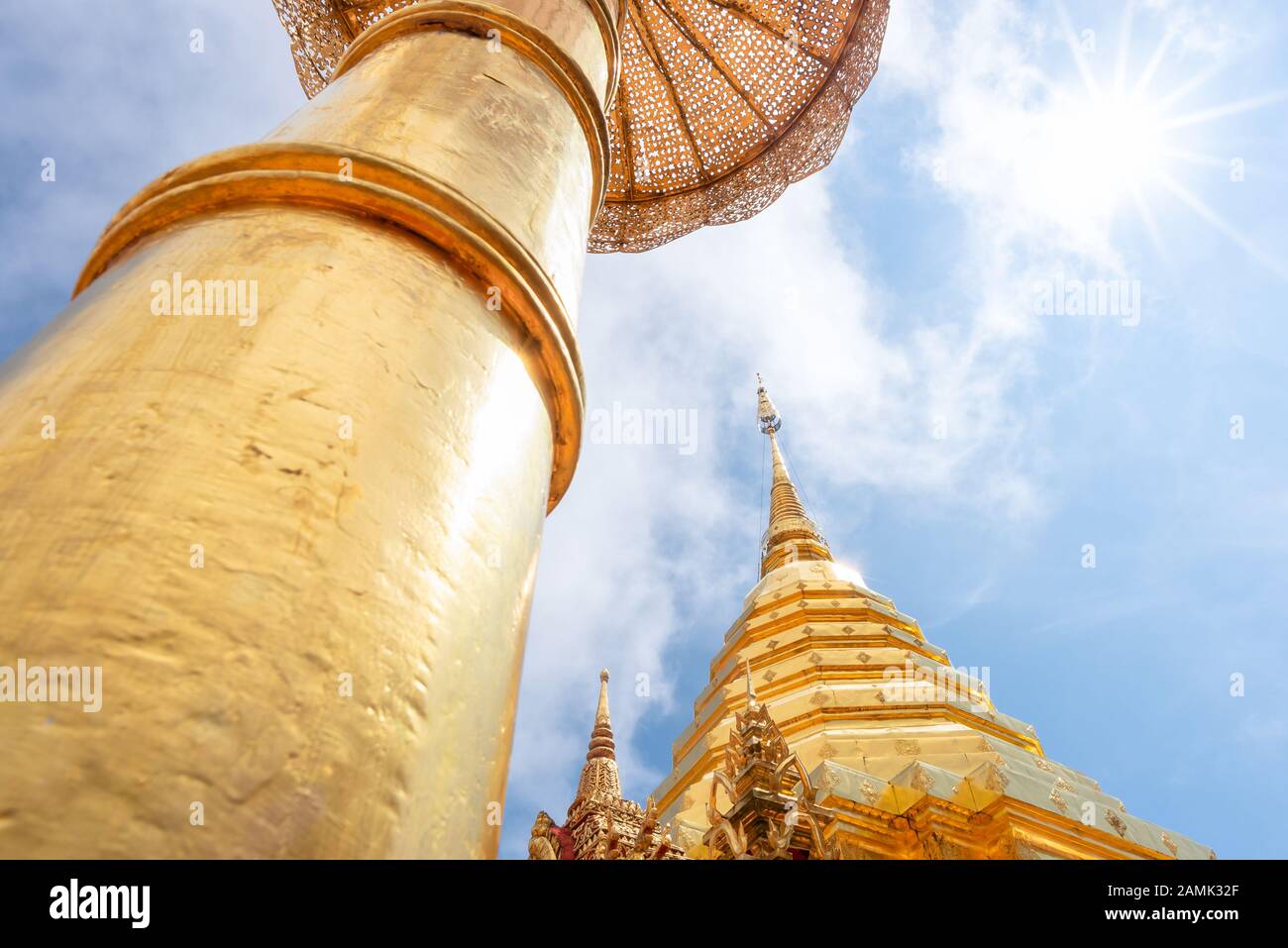Wat Phra That Doi Suthep with blue sky in Chiang Mai. The attractive sightseeing place for tourists and landmark of Chiang Mai,Thailand. Stock Photo