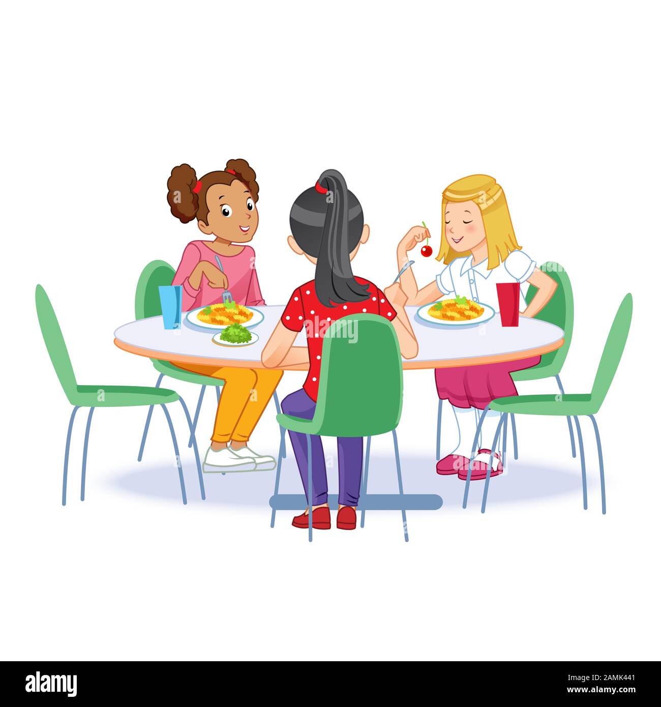 The children who eats breakfast. Happy kids having breakfast by themselves. Vector illustration for banner, poster, website, flyer Stock Vector