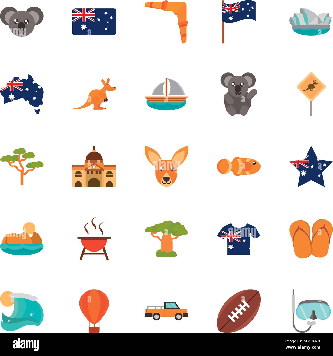 australia animal things famous sites icons set on white background vector illustration Stock Vector