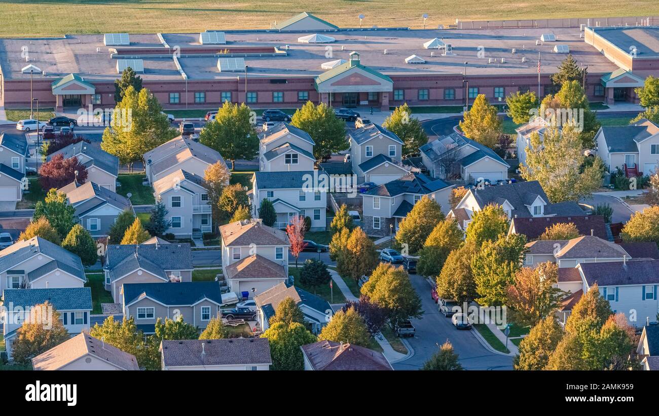 Panorama frame Rooftop view of houses in an urban development Stock ...