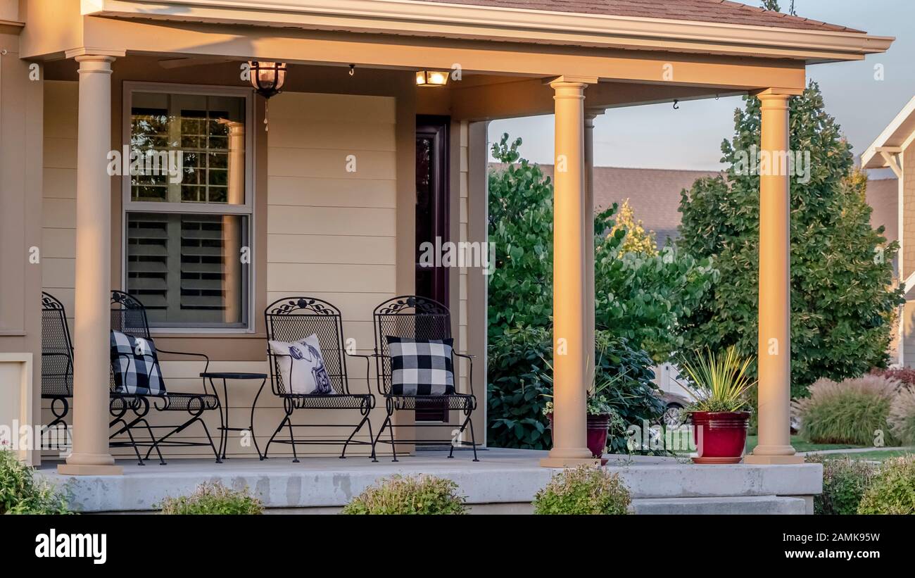 Panorama Rustic chairs with cushions on a veranda Stock Photo Alamy