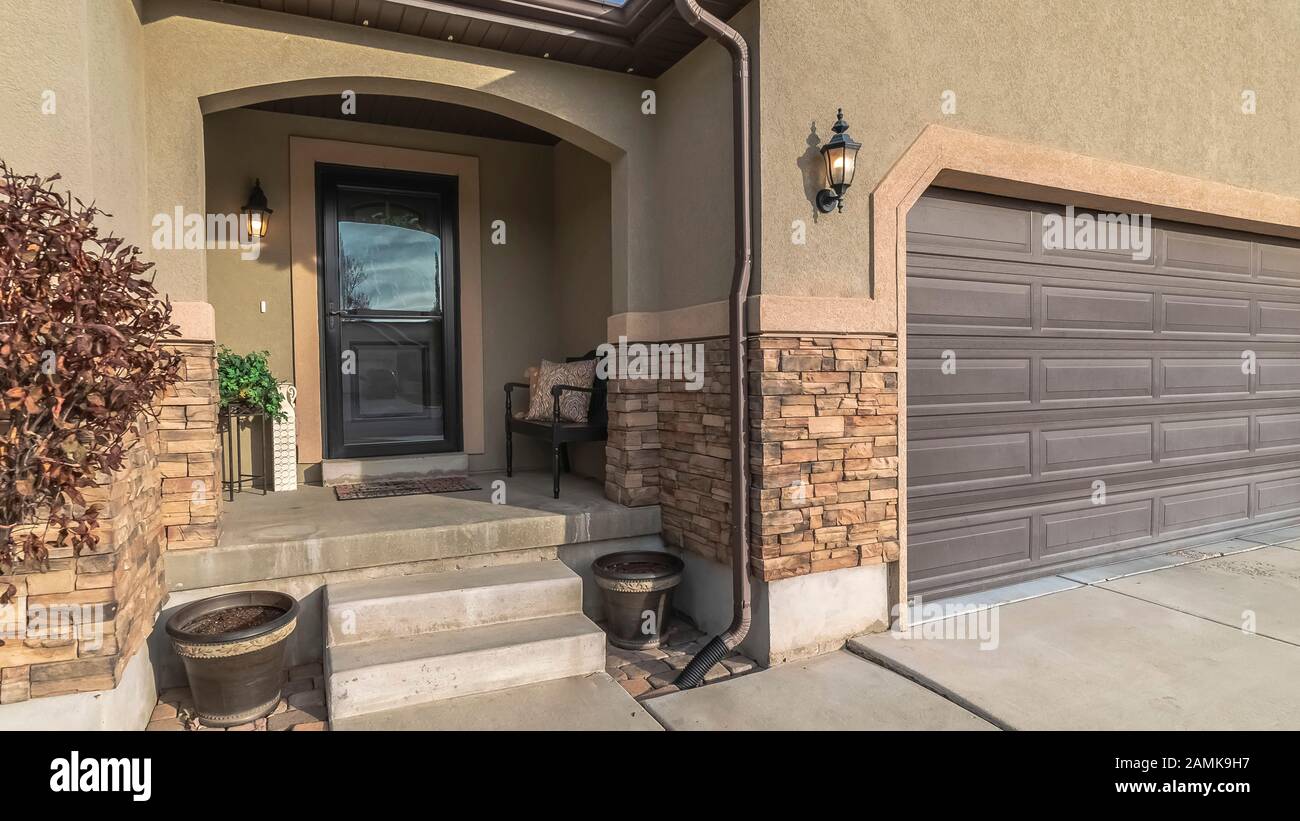 Panorama Covered House Entrance With Glass Door Day Light Stock Photo Alamy