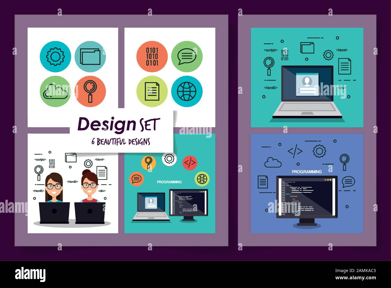 six designs set of programming computer with young people Stock Vector ...