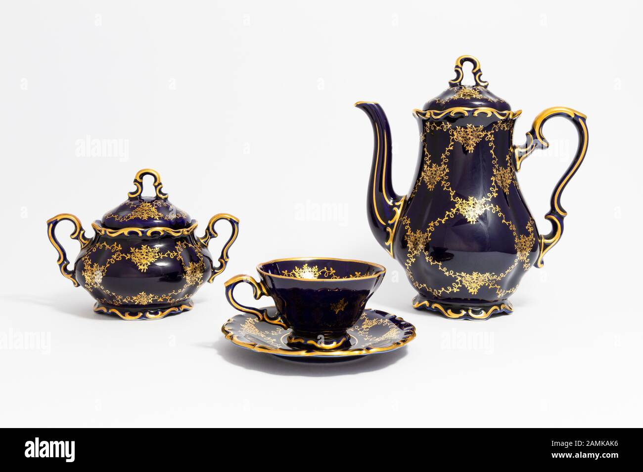 Closeup of a beautiful cobalt blue colored vintage porcelain tea set