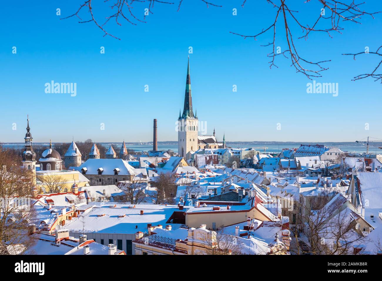 View to snow covered roofs of old town. Tallinn, Estonia Stock Photo