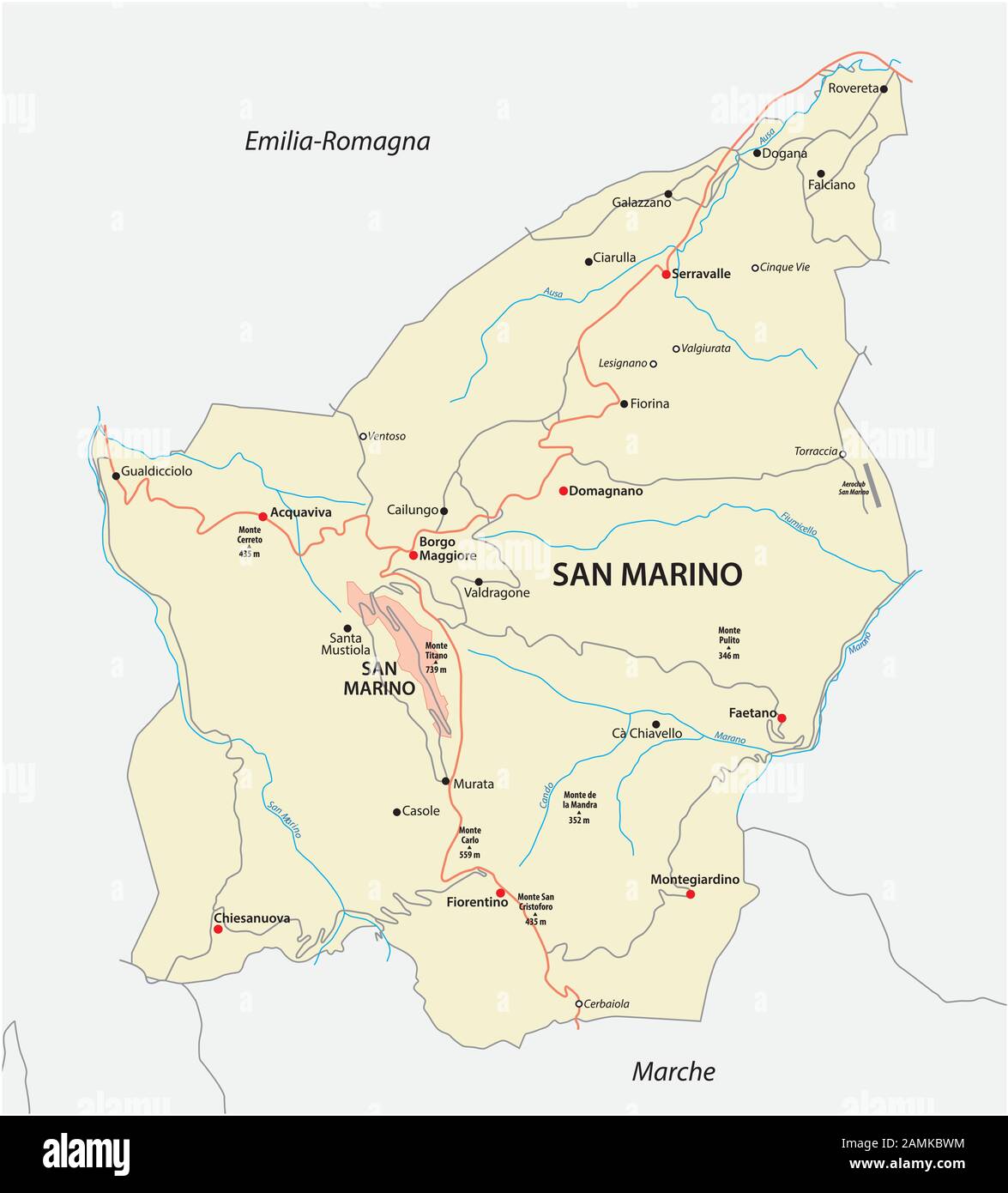 road map of the Republic of San Marino Stock Vector