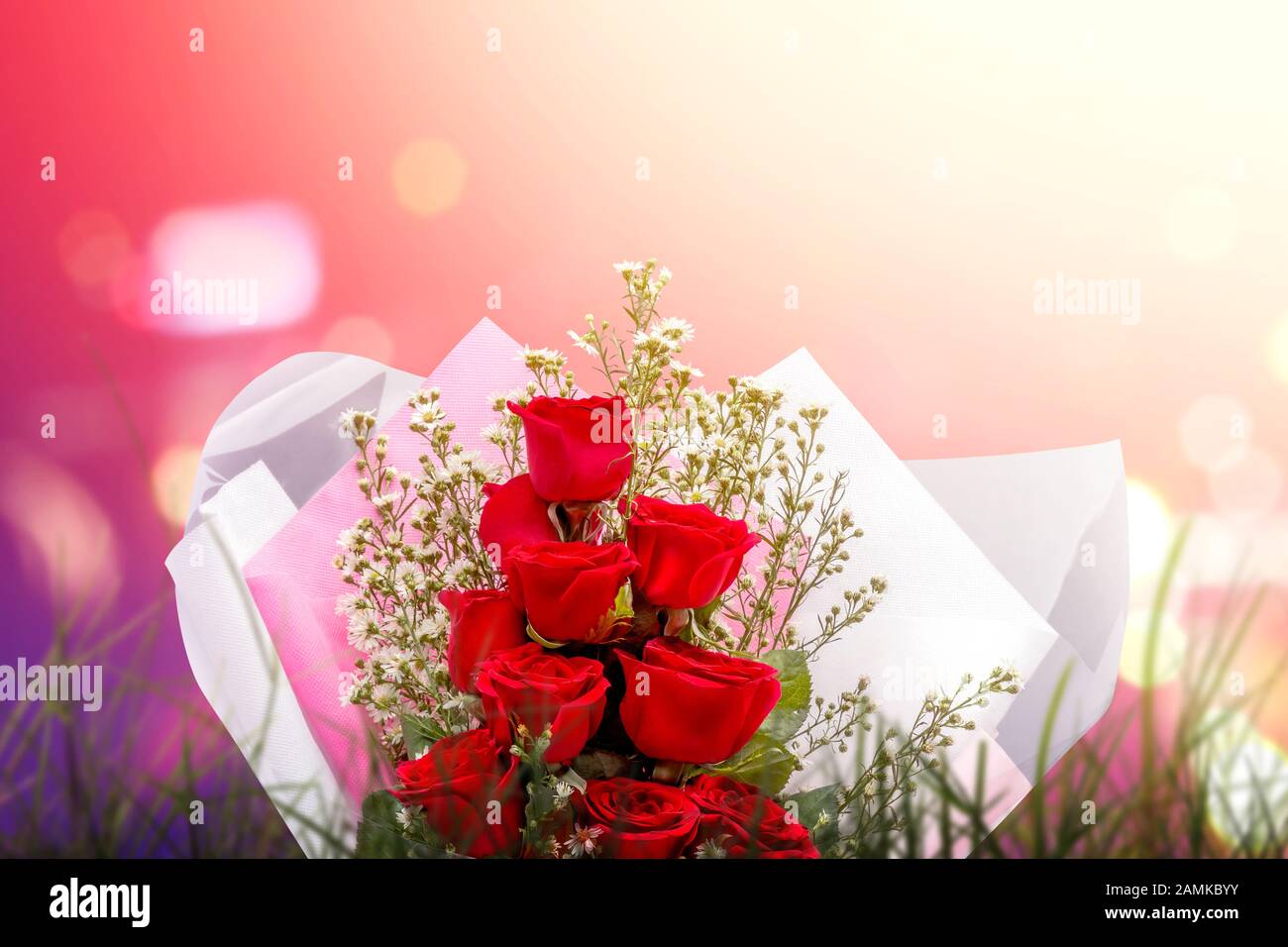 Roses and flower bouquet wrapped in kraft paper, gifting a bouquet, wrapping,  beautiful, blurry background and warm light, bouquet on table, made with  Generative AI Stock Illustration