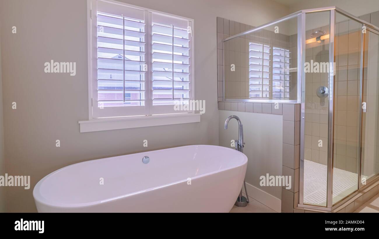 Modern bathroom with jacuzzi bath, copy space Stock Photo - Alamy