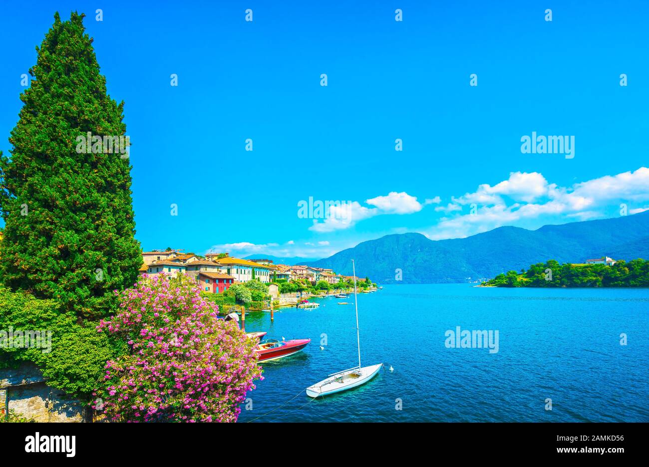 Como Lake, Isola Comacina village and island. Italy, Europe. Stock Photo