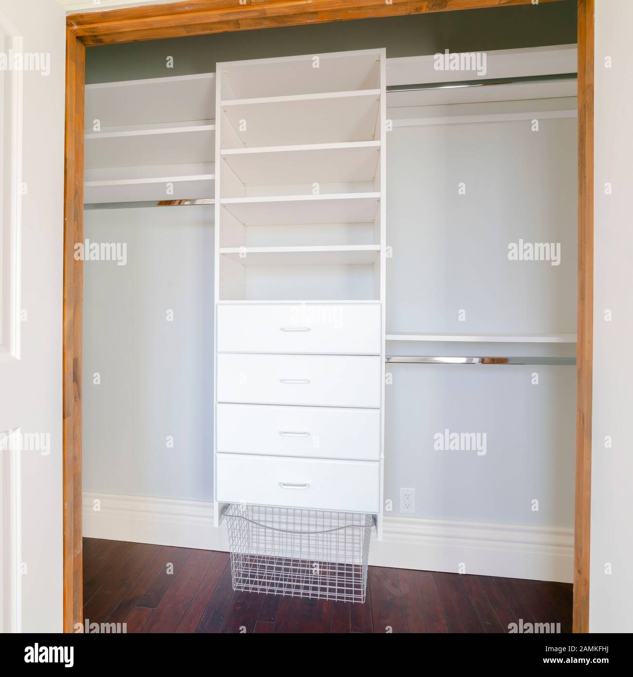 Square frame Empty shelves of a luxury walk-in closet Stock Photo - Alamy