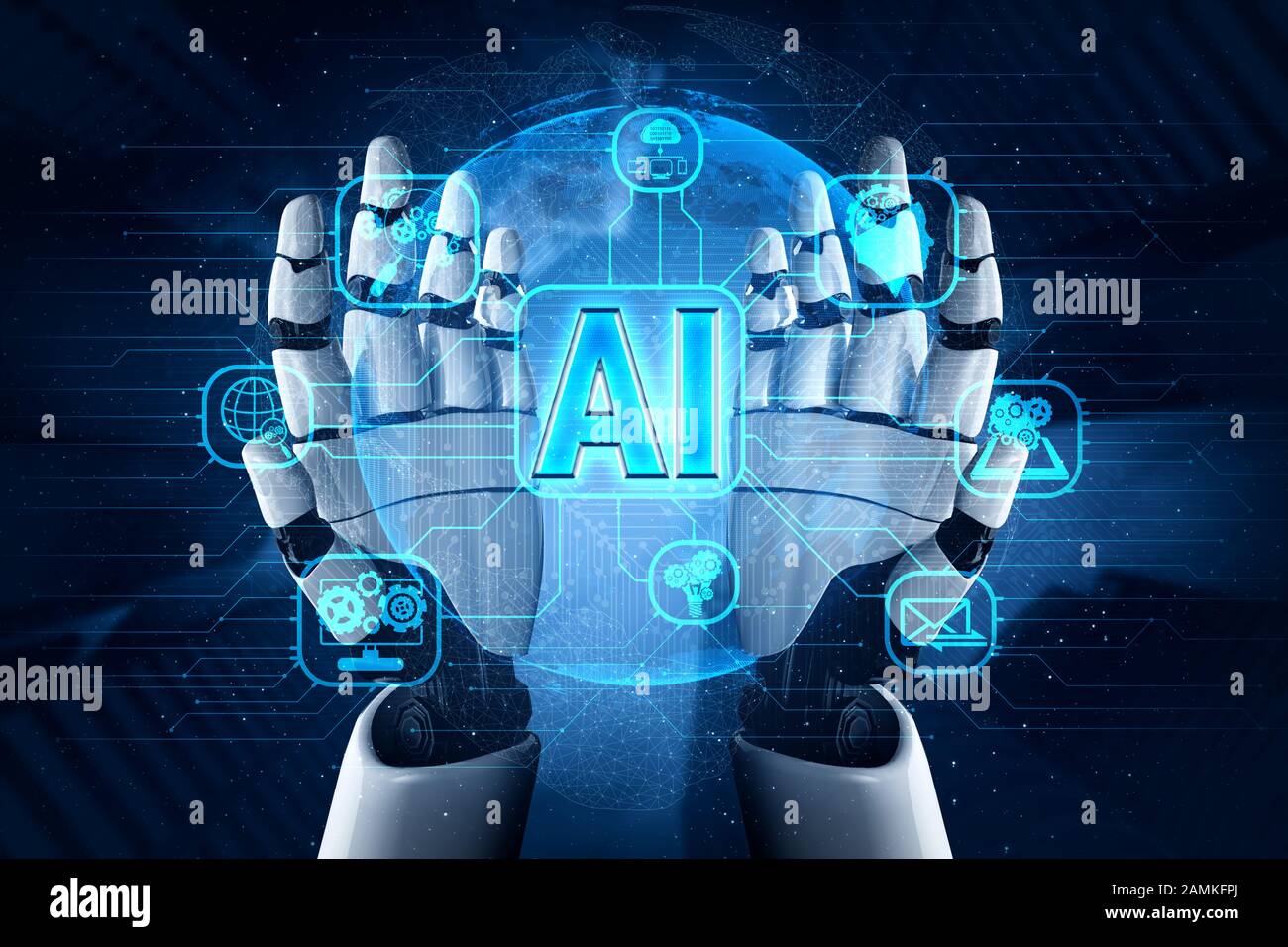 Artificial intelligence AI research of robot and cyborg development for future of people living. Digital data mining and machine learning technology d Stock Photo