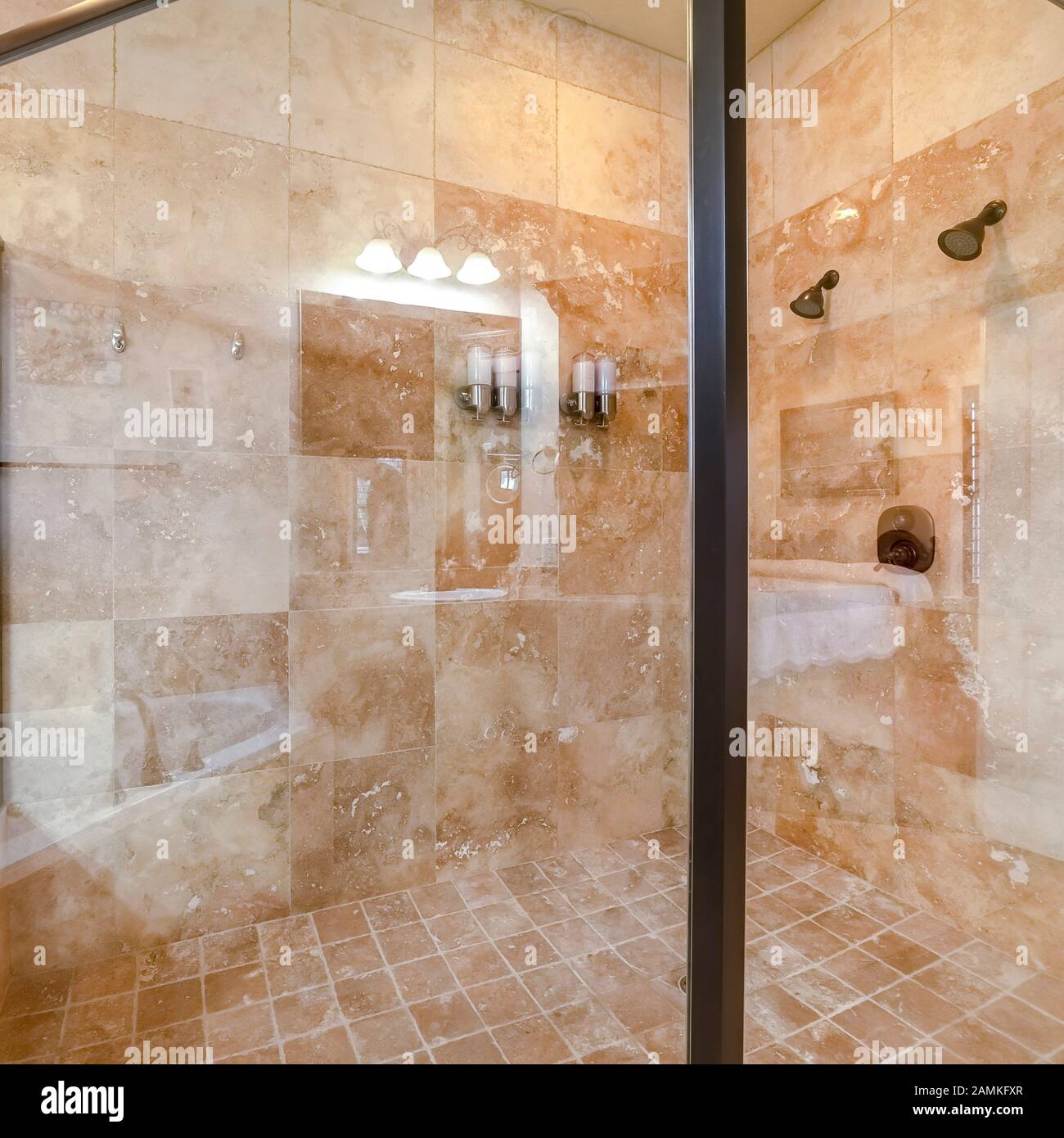 Square Large modern luxury glass shower cubicle day light Stock Photo