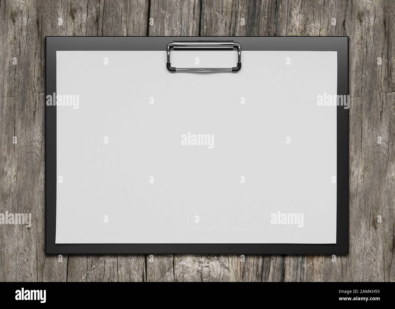 plastic clipboard with blank paper sheet isolated on wooden background ...
