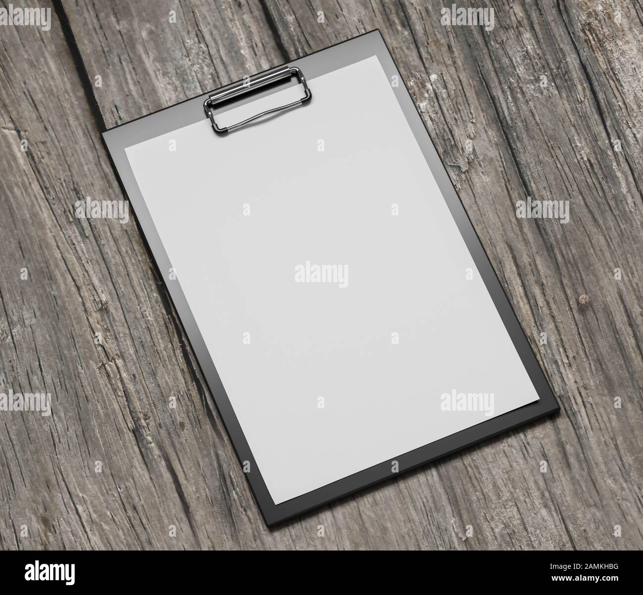 plastic clipboard with blank paper sheet isolated on wooden background ...