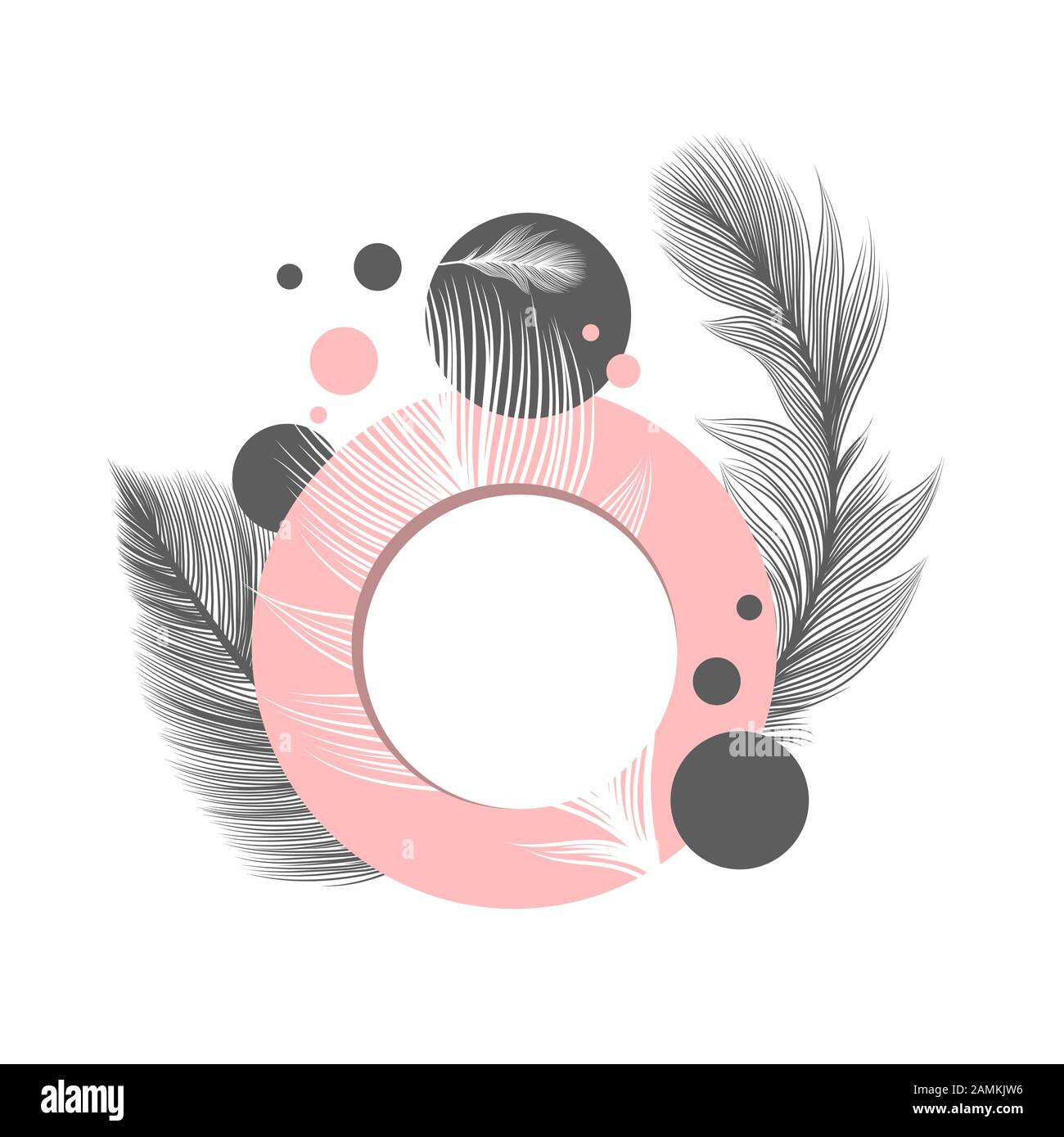 White fluffy feathers on pink circle frame, vector abstract background. Fluffy feathers and plumage quills and dots pattern wedding or birthday decoration modern simple minimal design elements Stock Vector