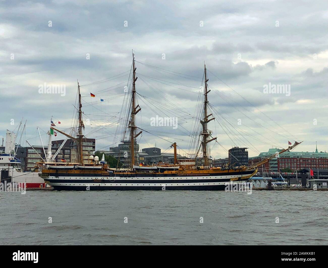 Hamburg,Germany - August 17,2018: Amerigo Vespucci ship. This sailing ship of the Navy built as a training ship for the training of the official stude Stock Photo