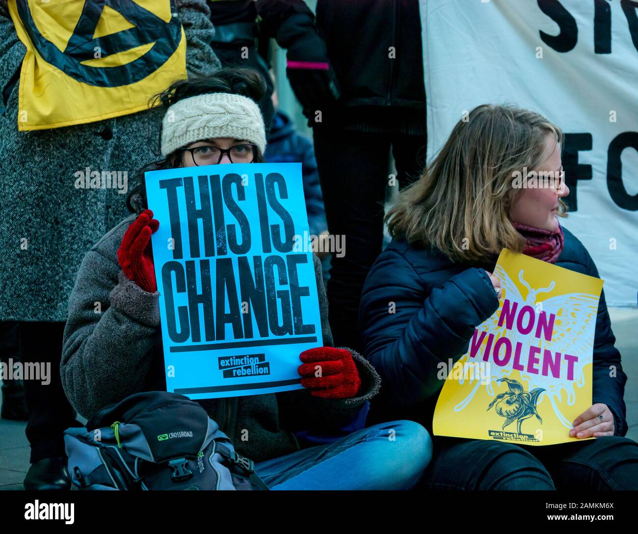 Leith Street, Edinburgh, Scotland, United Kingdom, 14 January 2020. Extinction Rebellion: part of the campaign’s week long action against companies in the fossil fuels industry. The activists blockade financial company Baillie Gifford from before dawn, who manage the MSP pension fund which includes shares in the oil company Shell Stock Photo