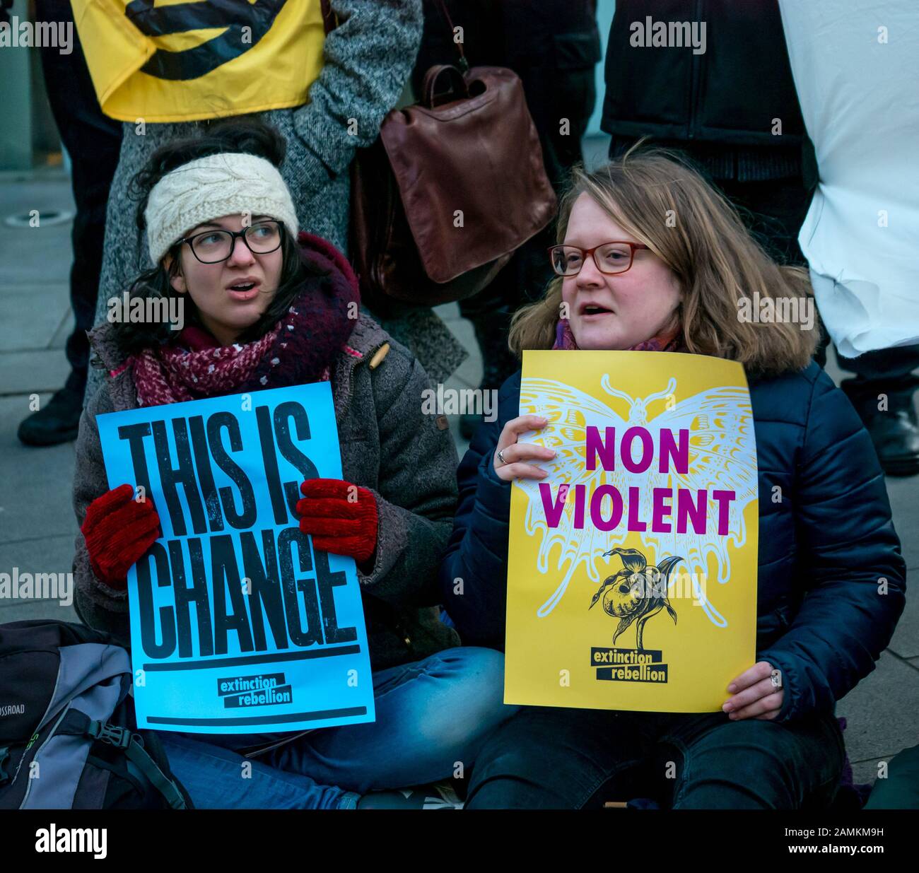 Leith Street, Edinburgh, Scotland, United Kingdom, 14 January 2020. Extinction Rebellion: part of the campaign’s week long action against companies in the fossil fuels industry. The activists blockade financial company Baillie Gifford from before dawn, who manage the MSP pension fund which includes shares in the oil company Shell Stock Photo