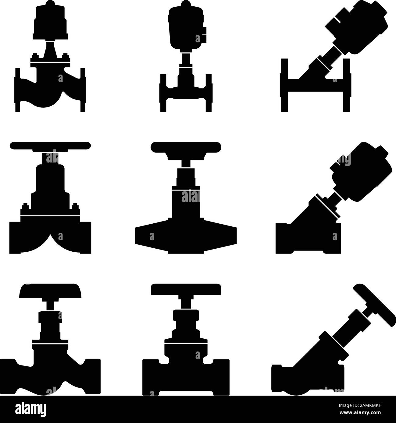 Various types of industrial valves. Silhouette icons Stock Vector