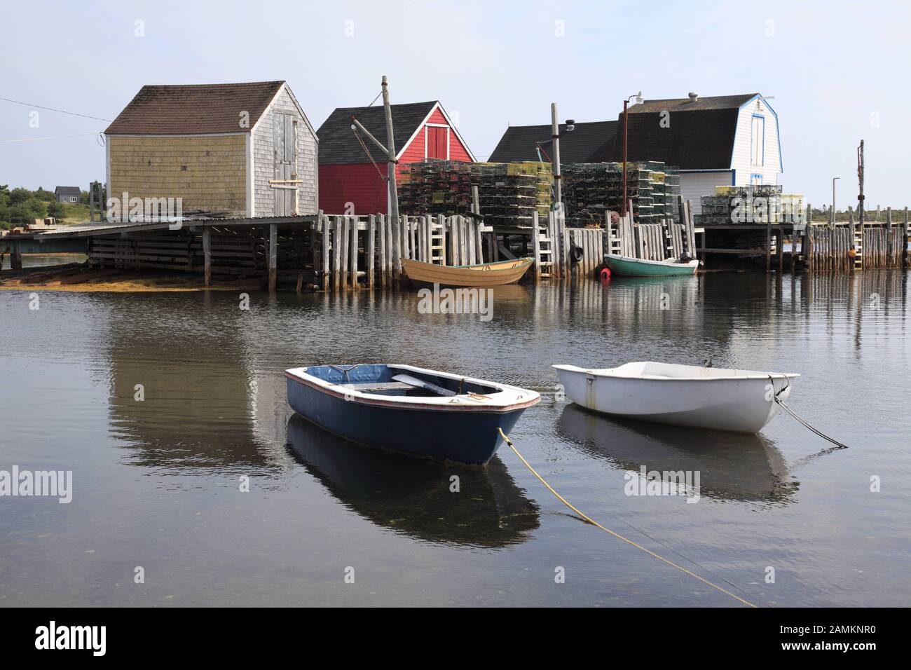 Fisherman's cottages with boats in the famous place Blue Rocks near Lunenburg, Mahone Bay, Nova Scotia, Atlantic Canada, North America. [automated translation] Stock Photo