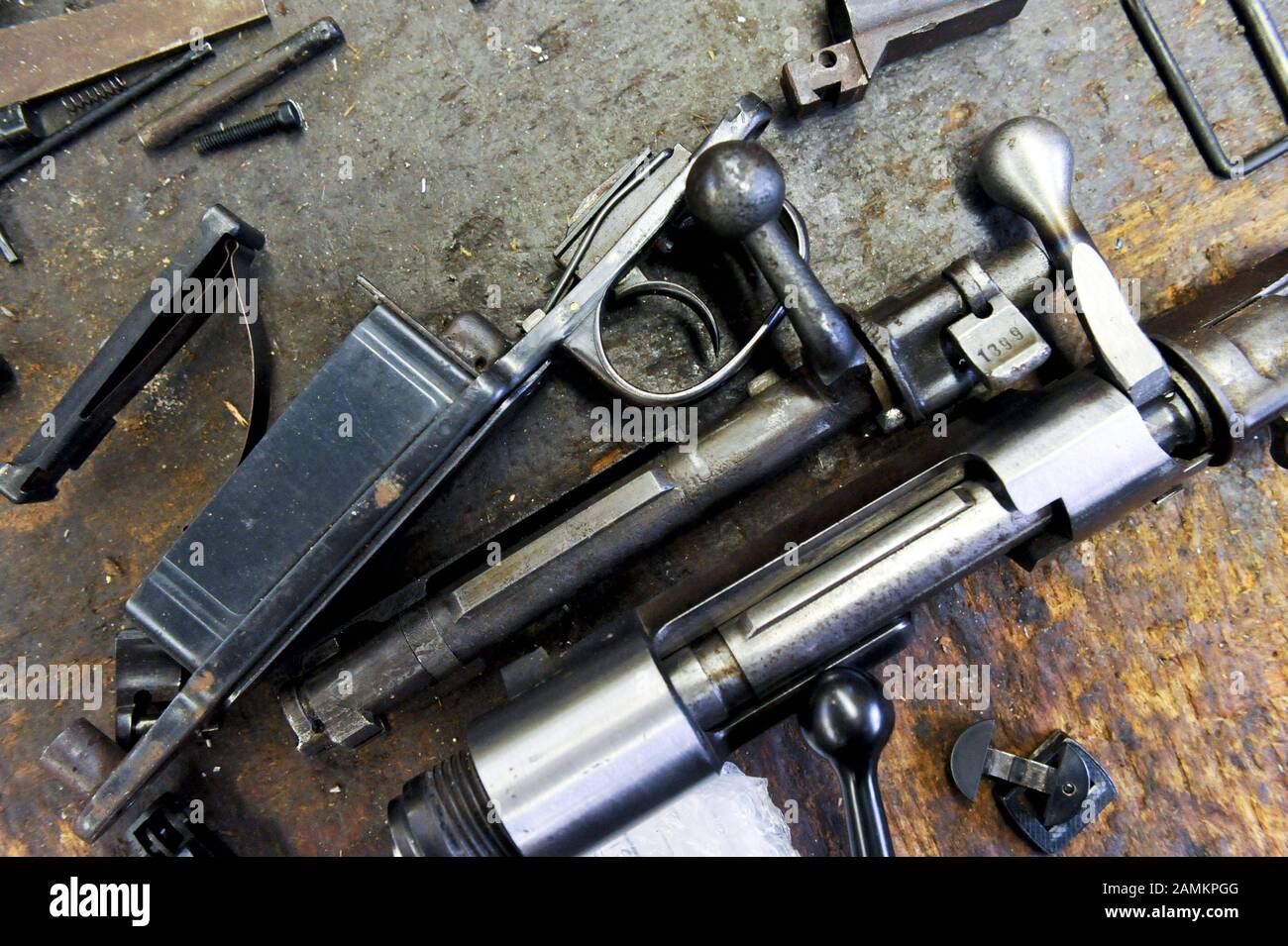 Rifle parts in the gunsmith's shop of Klaus Niedermeier at