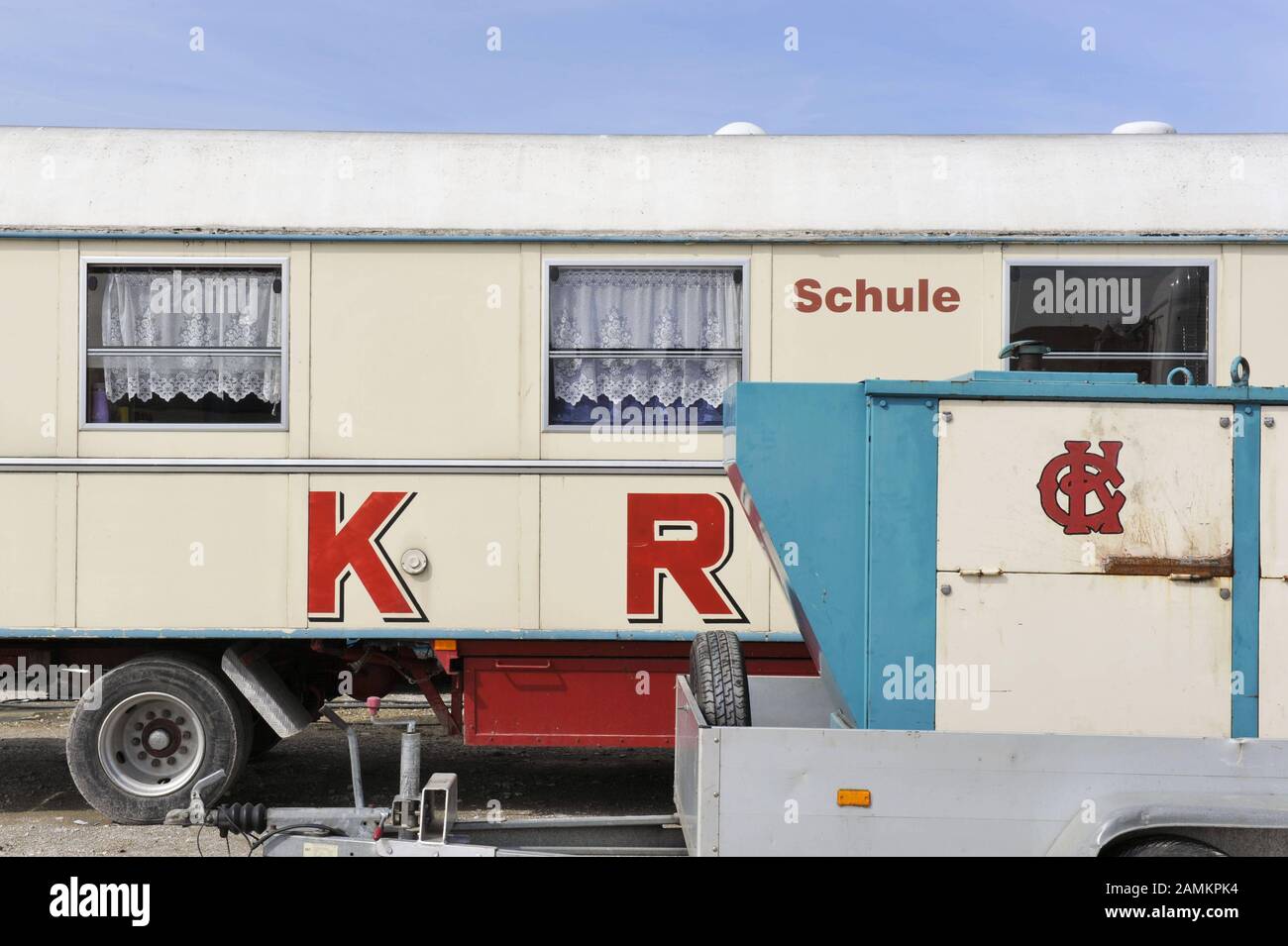 Circus Krone is going on tour with bag and baggage, the first stop where the 'small town' is being built is the Theresienwiese in Munich. The picture shows a circus wagon with the inscription 'School'. [automated translation] Stock Photo