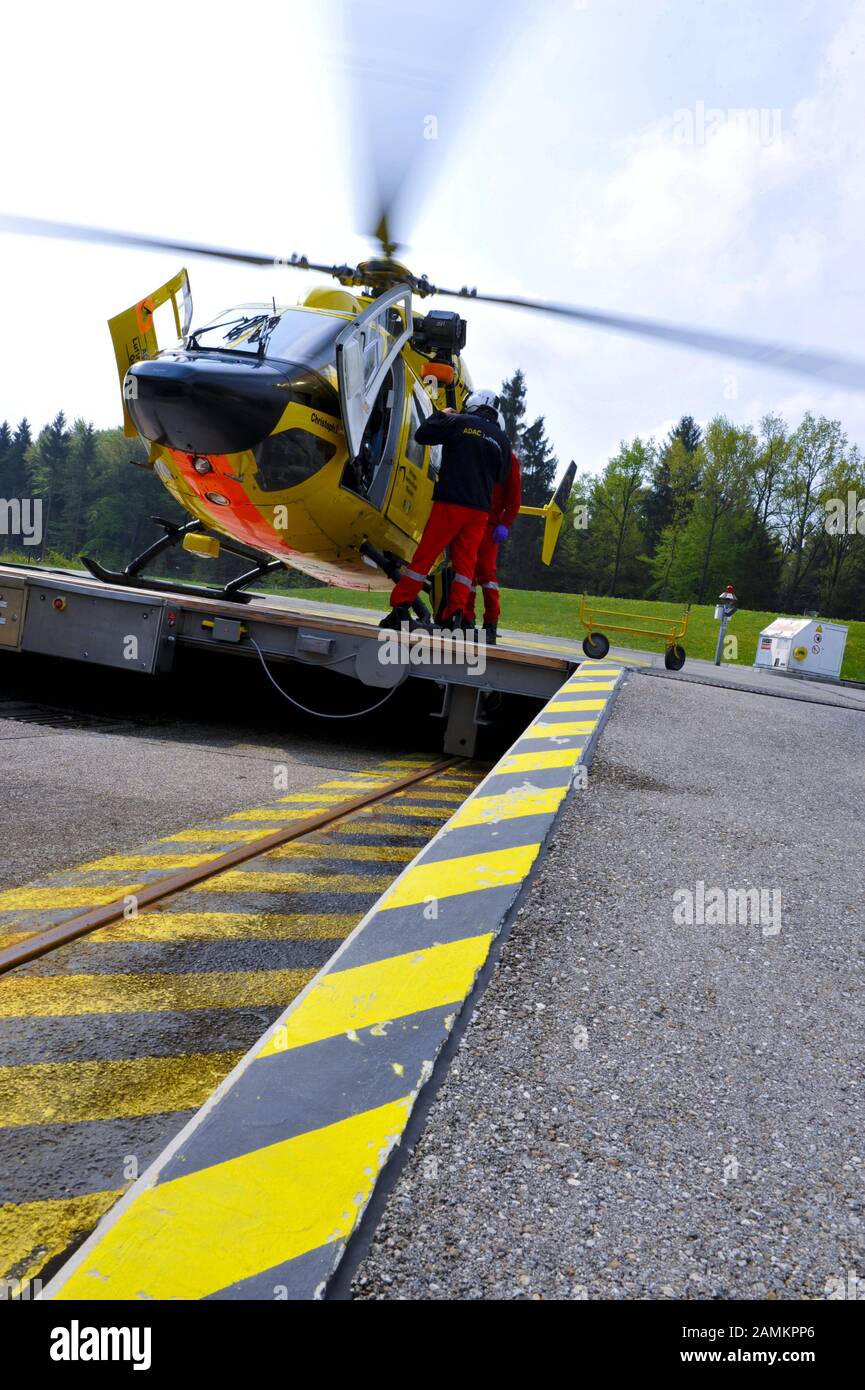 The rescue helicopter 'Christoph 1' of the ADAC on the landing field at the hospital Harlaching in Munich. [automated translation] Stock Photo