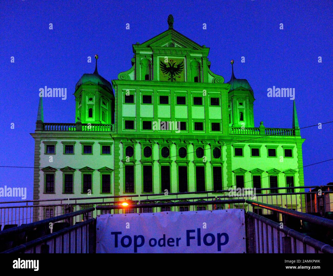 Cultural supporting programme 'City of Peace' during the Women's Football World Cup in Augsburg. The picture shows the slogan 'Top or Flop' at the Kulturstadion in front of the town hall with room for 2000 spectators. [automated translation] Stock Photo