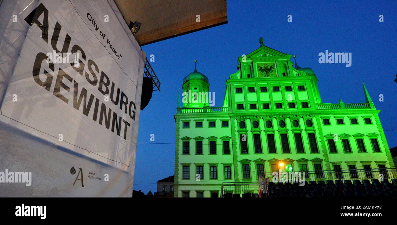 Cultural supporting programme 'City of Peace' during the Women's Football World Cup in Augsburg. The picture shows the slogan 'Augsburg wins' at the Kulturstadion in front of the town hall with room for 2000 spectators. [automated translation] Stock Photo