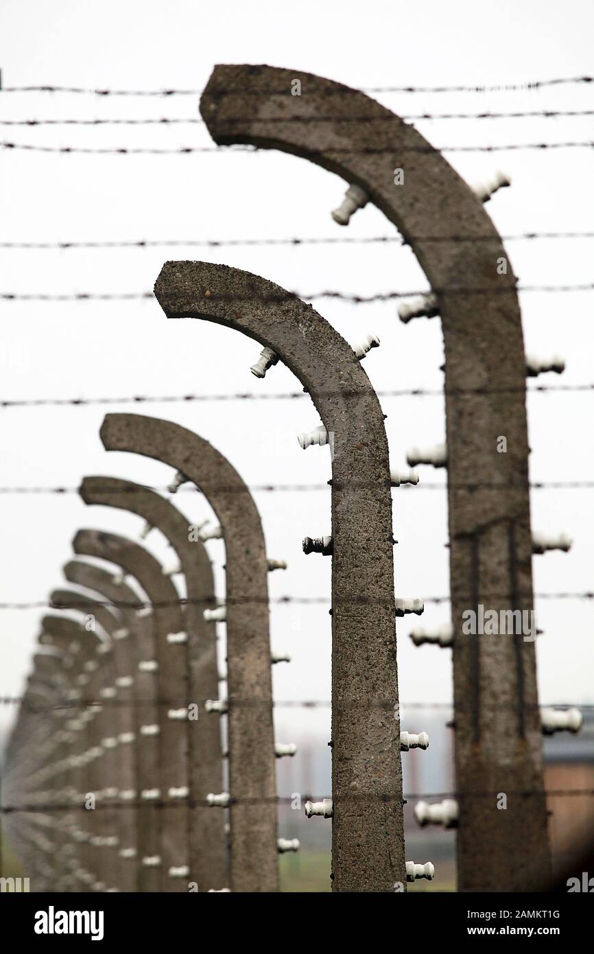Barbed wire at the camp fence of the memorial site in the former concentration camp Auschwitz - Birkenau. [automated translation] Stock Photo