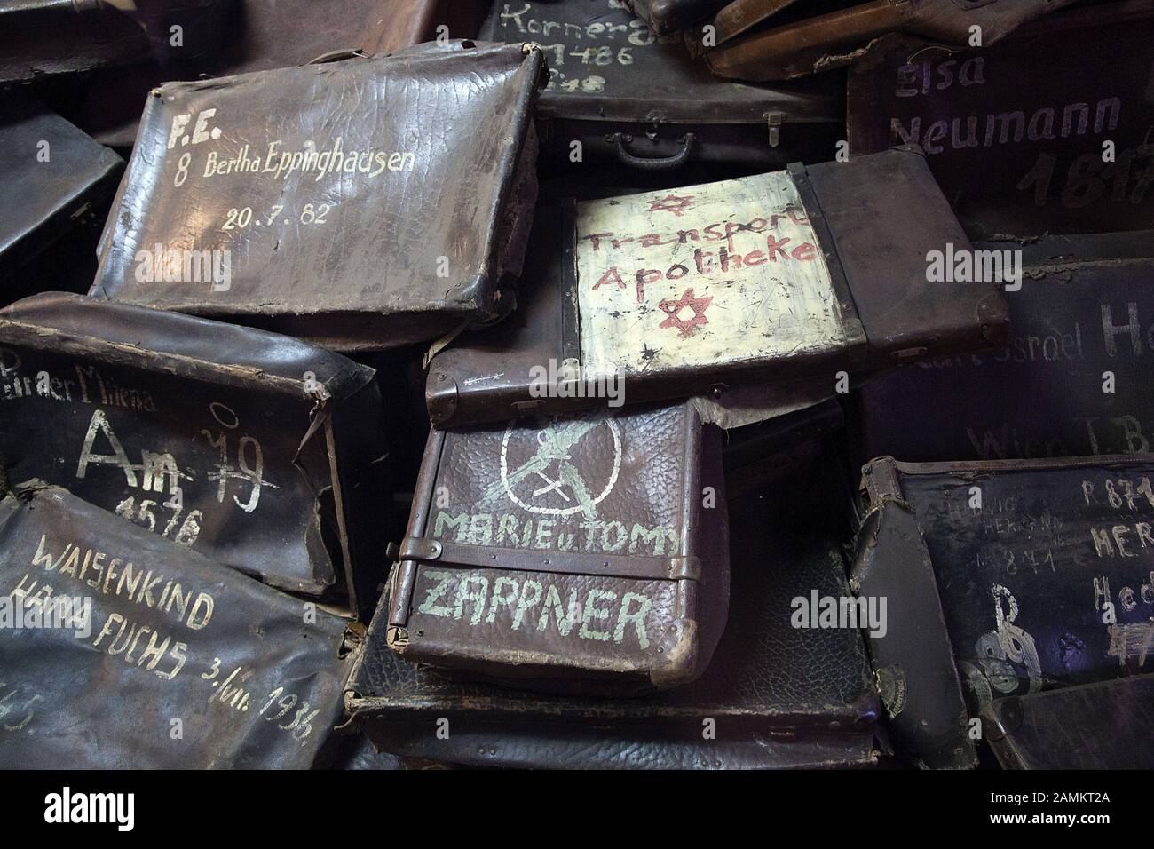 Suitcases of the deportees in the museum of the memorial in the former concentration camp Auschwitz 1. [automated translation] Stock Photo