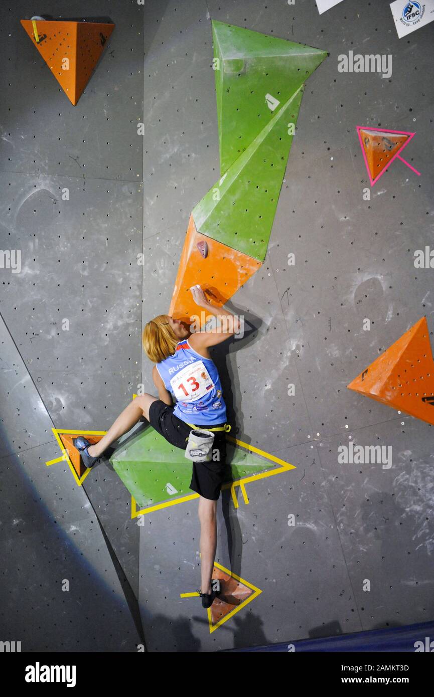 Final of the IFSC Bouldering World Cup 2012 in the Munich Olympic Stadium: Anna Gallyamova (Russia). [automated translation] Stock Photo
