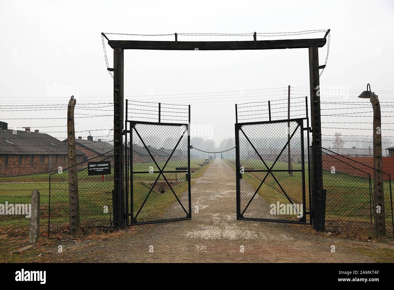 An entrance gate of the memorial in the former concentration camp Auschwitz - Birkenau. [automated translation] Stock Photo