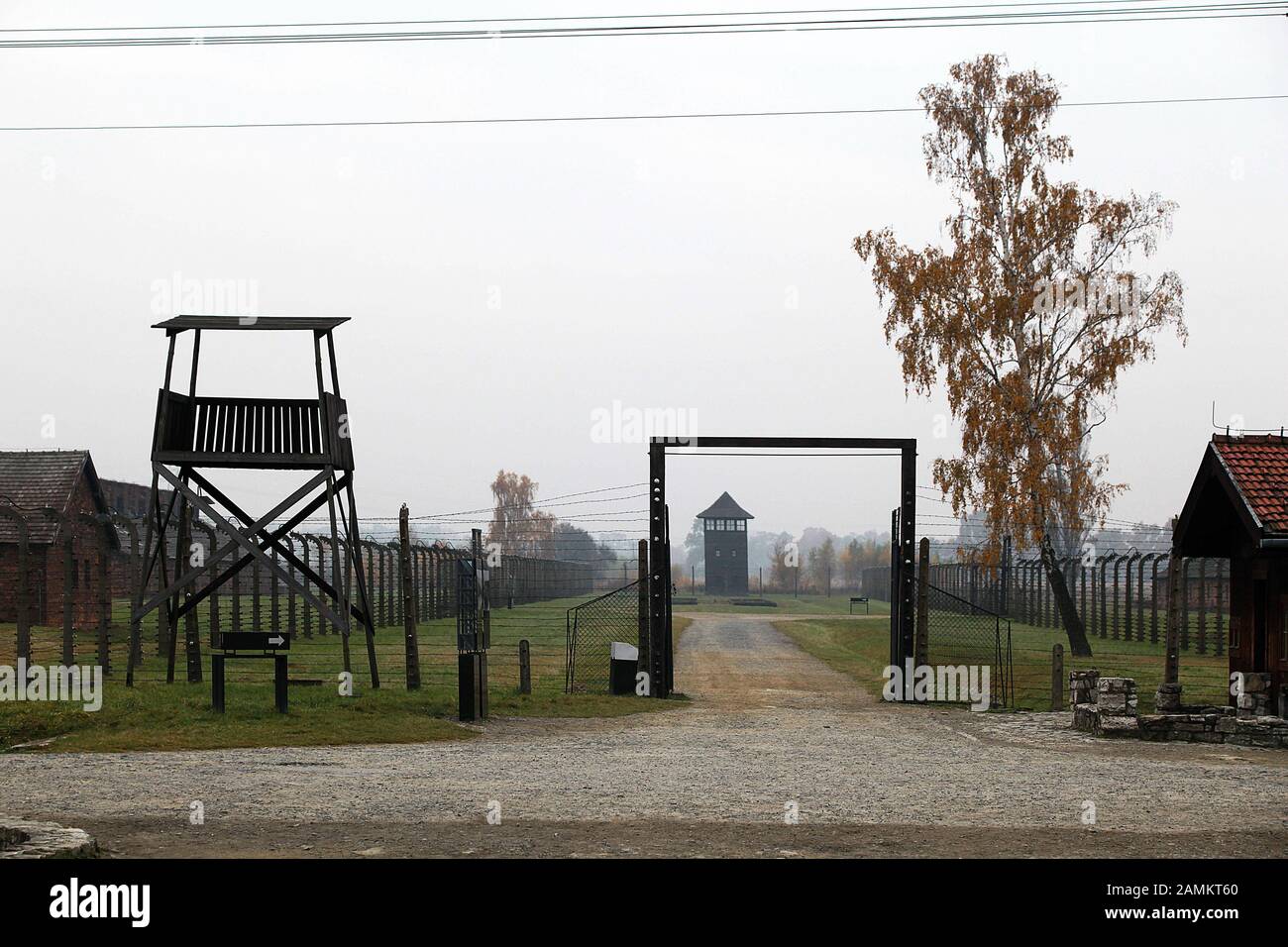 Watchtower at an entrance gate to the memorial site in the former concentration camp Auschwitz - Birkenau. [automated translation] Stock Photo