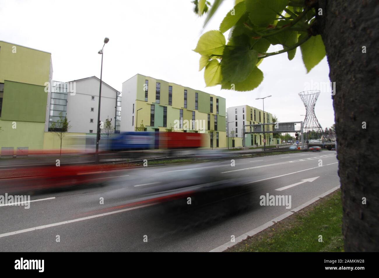 Specially designed apartment buildings on Richard-Straus-Straße serve as 'inhabited noise barriers' for the residential complex behind them. [automated translation] Stock Photo