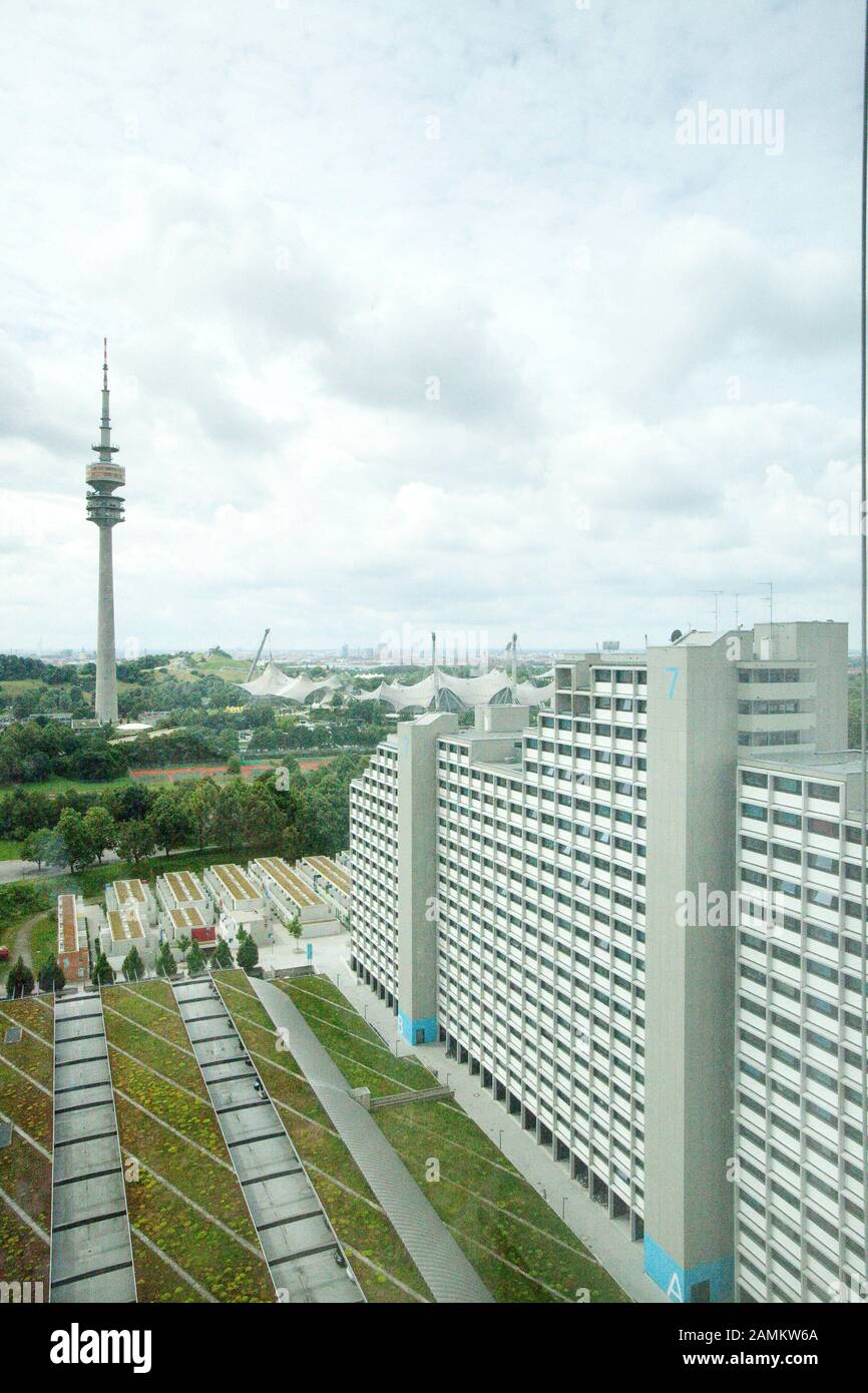 The "Olympia-Tower" at Helene-Mayer-Ring 4 at the edge of the Olympic  Village in the Munich Olympic Park (in the background the Olympic Tower).  The building will be luxuriously renovated and fully equipped "
