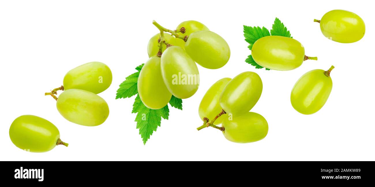 Falling green grape isolated on white background with clipping path Stock Photo