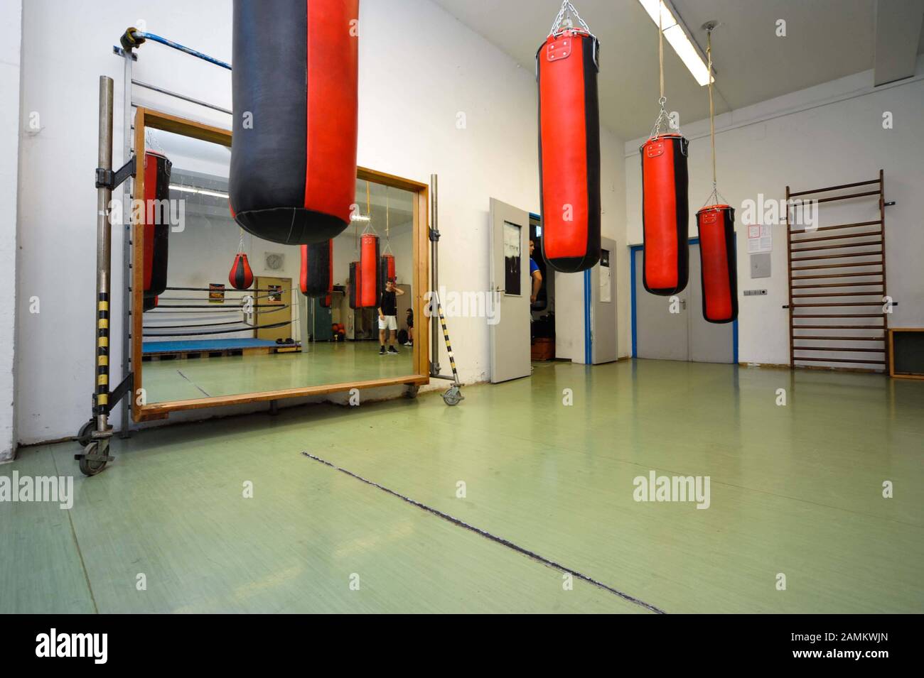 Sandbags for the boxing training of TSV 1860 Munich in the sports hall of the Wittelsbacherschule in Auenstraße 19. [automated translation] Stock Photo