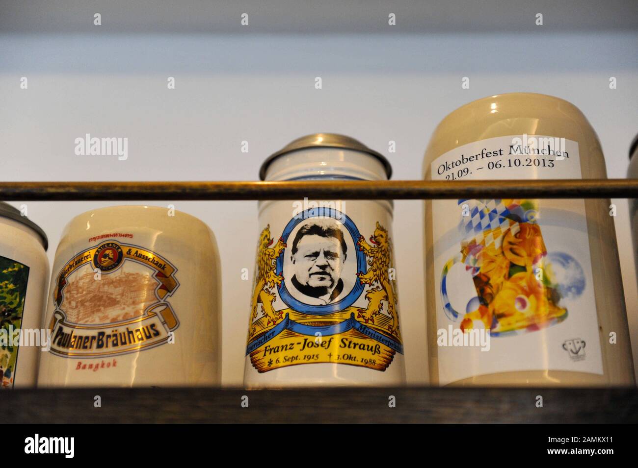 Beer mug with portrait of Franz Josef Strauss in the restaurant 'Franz Josef' in Nymphenburger Straße 64. [automated translation] Stock Photo