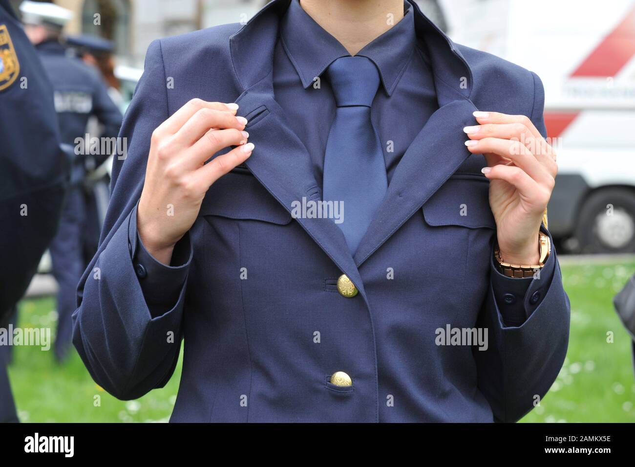 Police officers from Nuremberg present a new uniform collection to the Bavarian Ministry of the Interior in Munich. The proposals for the new uniforms consist of existing uniforms from Austria, Baden-Wuerttemberg and Saxony-Anhalt and are to be tested by the Bavarian police from August onwards. [automated translation] Stock Photo