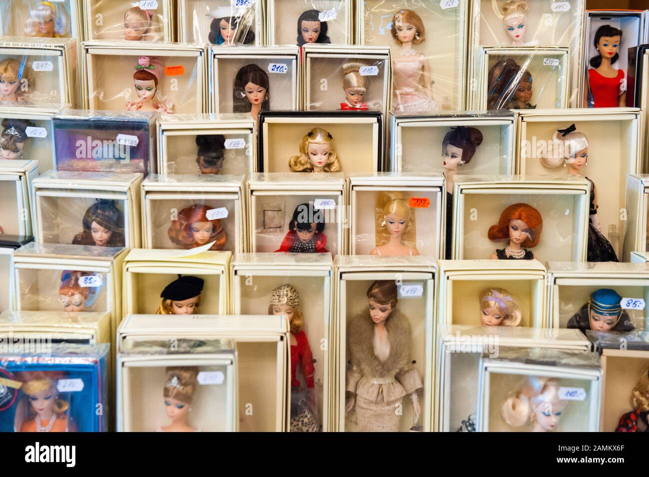 At the Barbie market in the training hotel St. Theresa in Gern, numerous  exhibitors from home and abroad display their often rare and valuable  collectibles and offer them for sale. The picture
