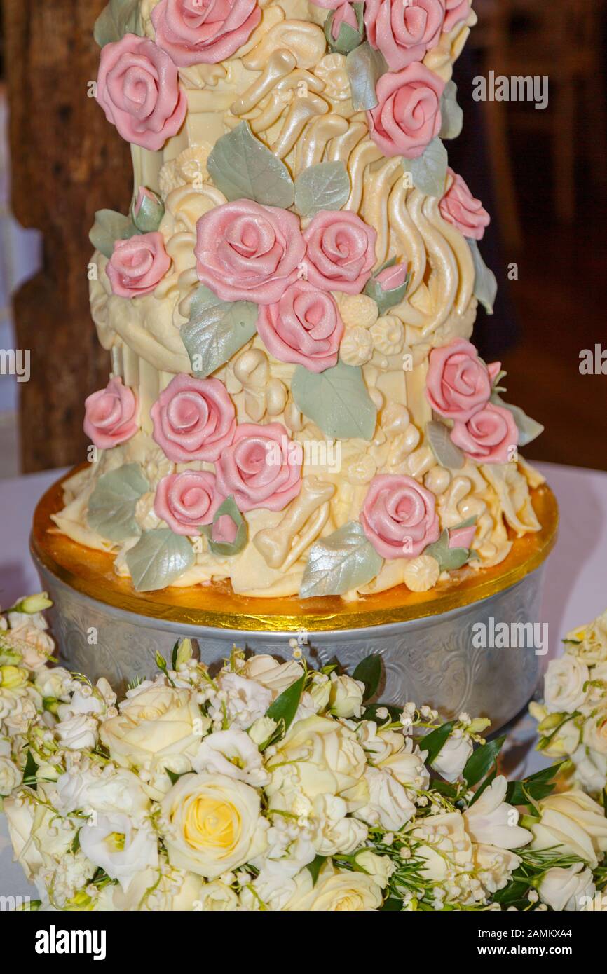 Elaborate colourful iced chocolate wedding cake with yellow icing dinosaur bones and pink sugar roses made by Choccywoccydoodah of Brighton Stock Photo