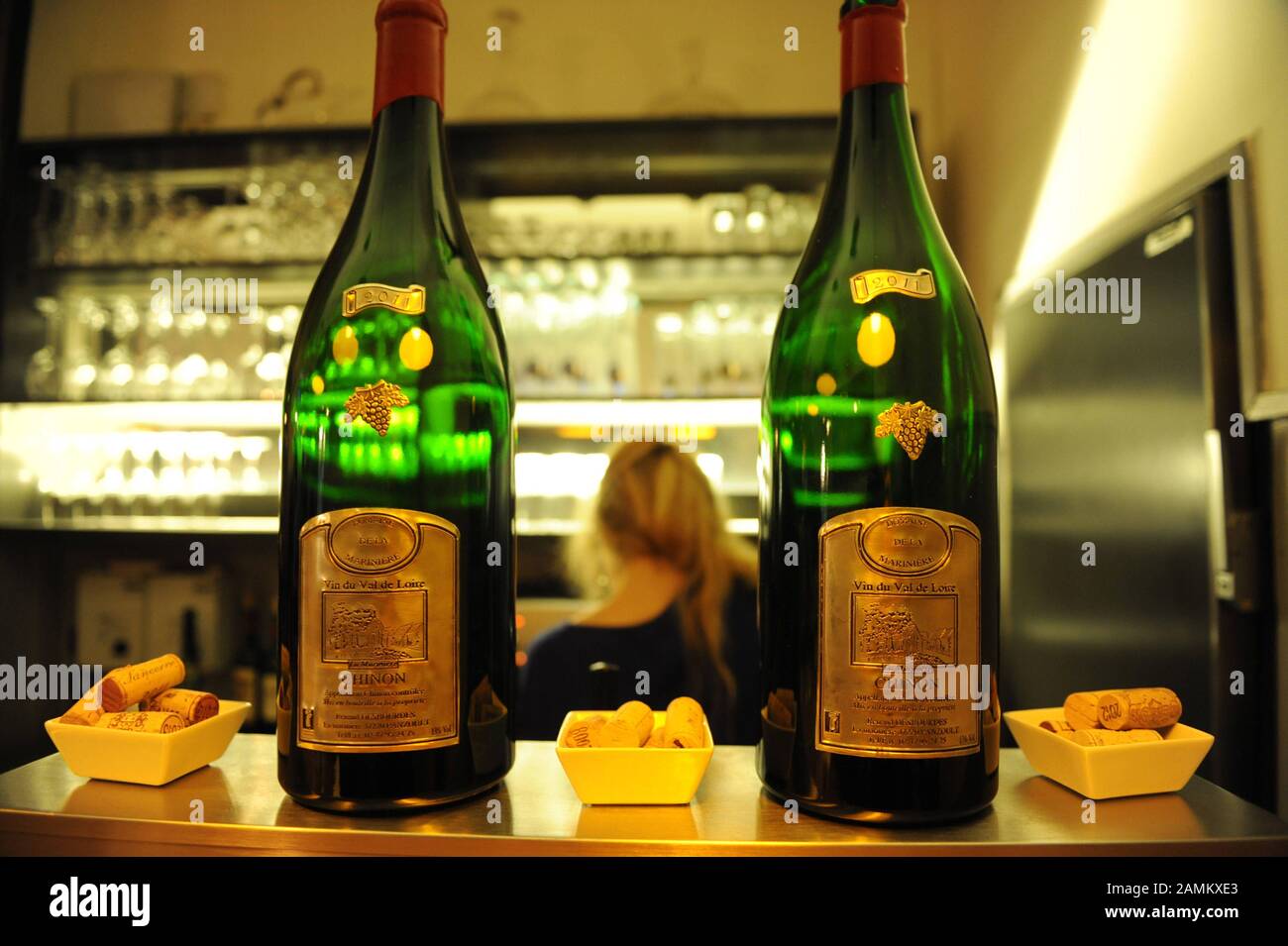 Wine bottles and corks in the French wine bar 'Deja bu' in Buttermelcherstraße 2a at Munich's Gärtnerplatz. [automated translation] Stock Photo