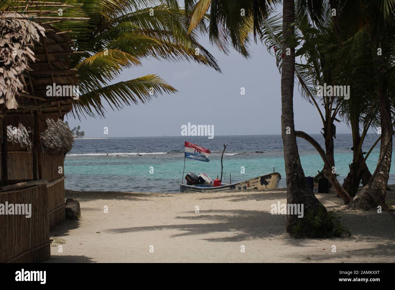 Boat aer Kuna Indian on the sandy beach of the San Blas Islands, Panama