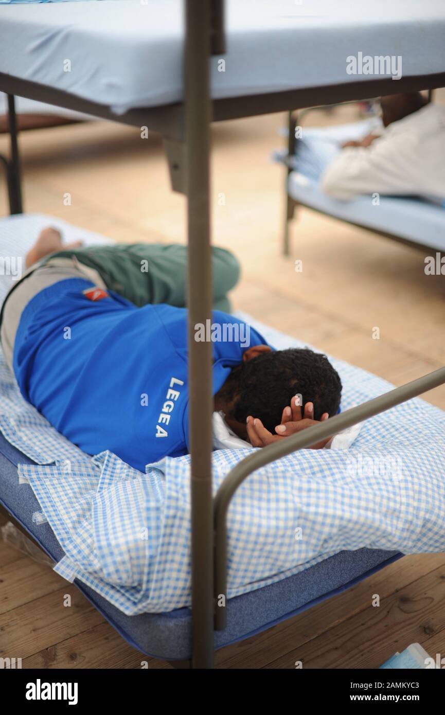 Temporary accommodation of more than 100 asylum seekers in the international youth camp 'The Tent' in the Kapuzinerhölzl in Moosach, after the refugee accommodation in the Bavarian barracks is completely overcrowded. [automated translation] Stock Photo