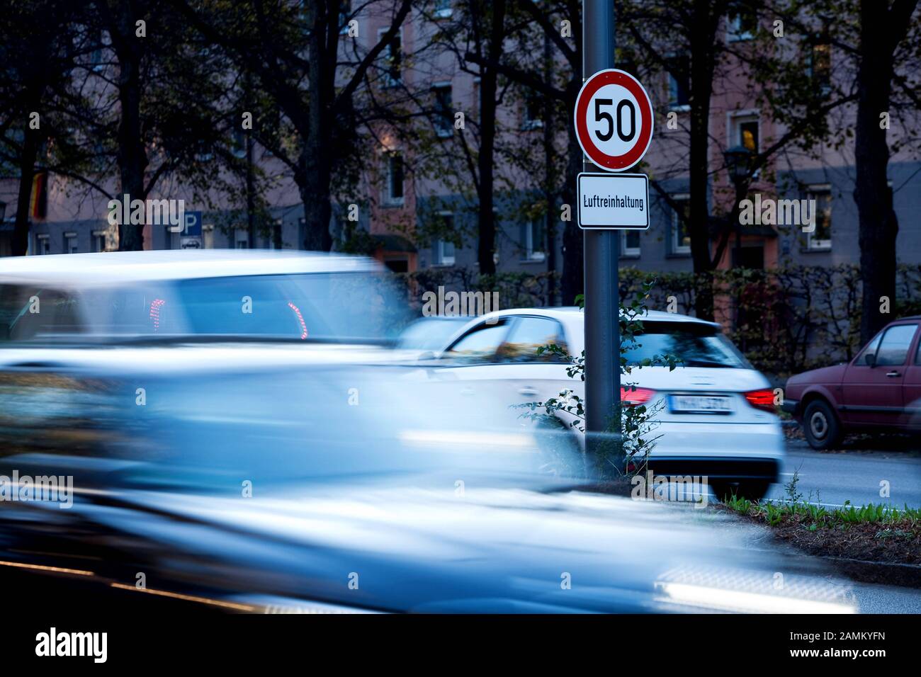 Traffic sign 'Tempo 50 - Luftreinhaltung' at the Landshuter Allee in Munich. [automated translation] Stock Photo