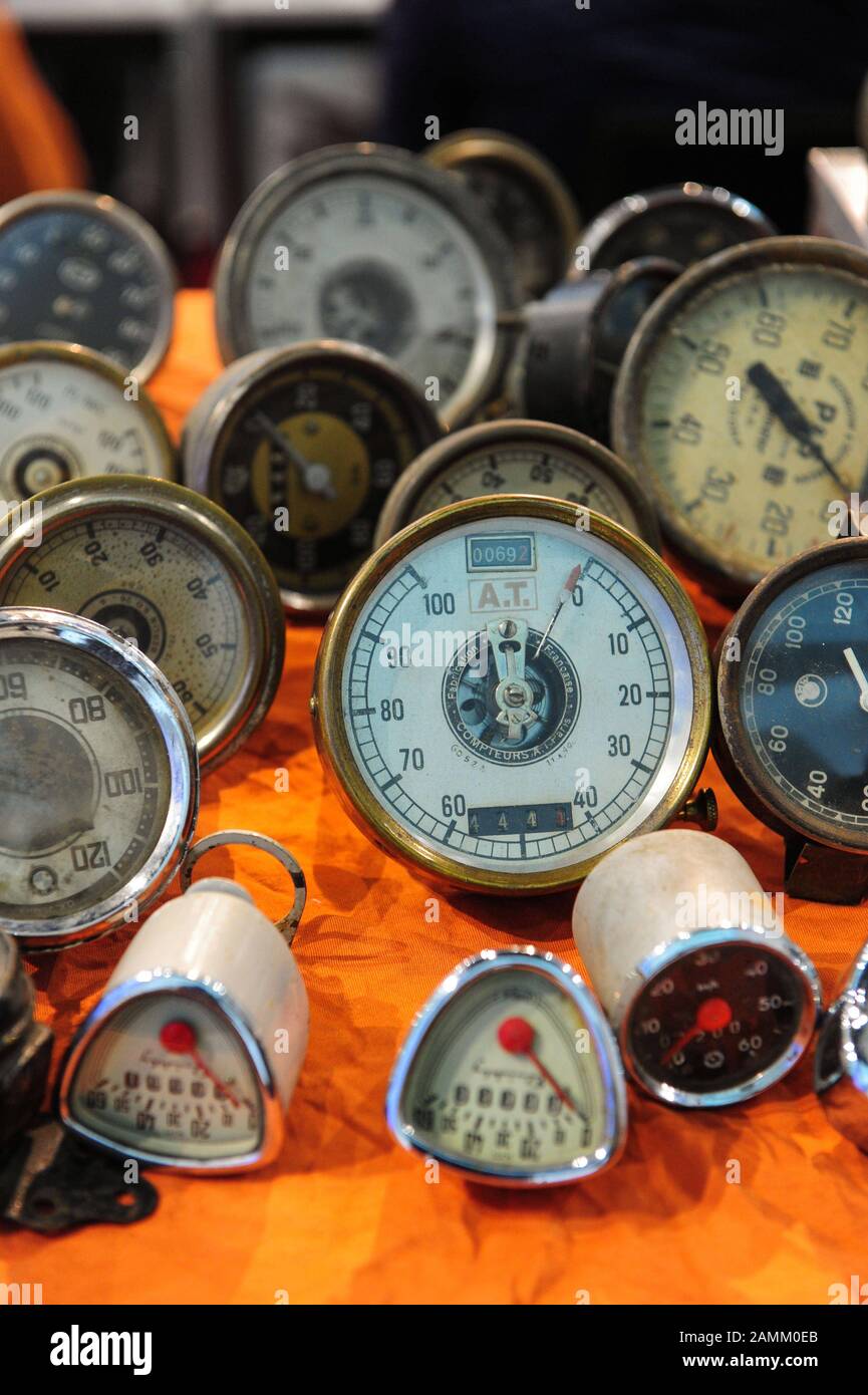 Old dismantled speedometers at the 'Automobilia' in the BMW-Welt in Munich. [automated translation] Stock Photo